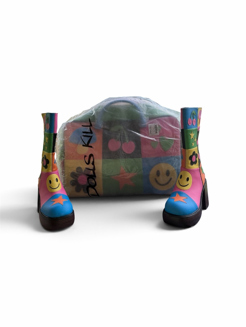 Dolls Kill happy in my mind sample boots with a matching weekender bag